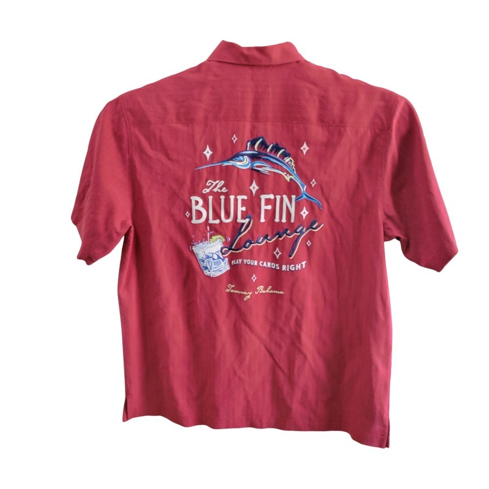 Tommy Bahama Blue Fin Lounge Silk Camp Shirt Red Playing Cards Marlin Mens L NEW - Picture 3 of 10